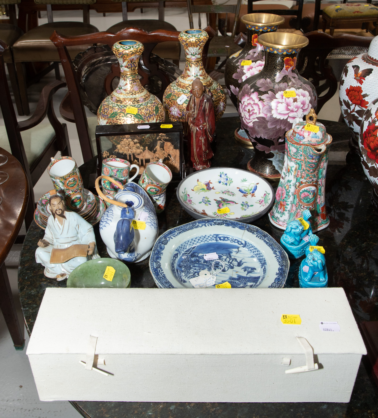 Appraisal: LARGE ASSORTMENT OF DECORATIVE ASIAN ITEMS Includes two mud men