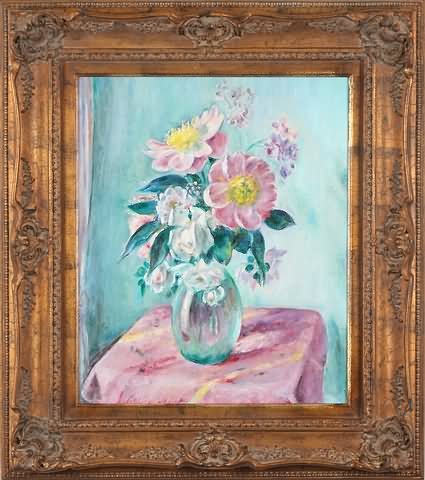 Appraisal: Floral still life with pink tablecloth oil on board x