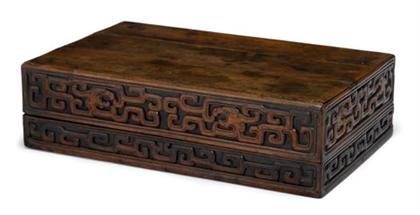 Appraisal: Unusual Chinese carved wood box th century Of long rectangular