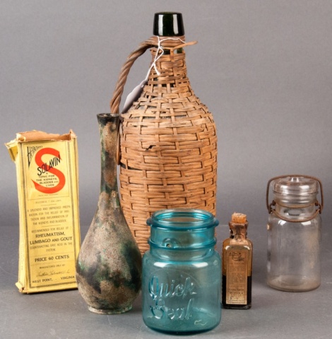 Appraisal: a Assortment of Six Glass Containers Including Solavin Tonic bottle