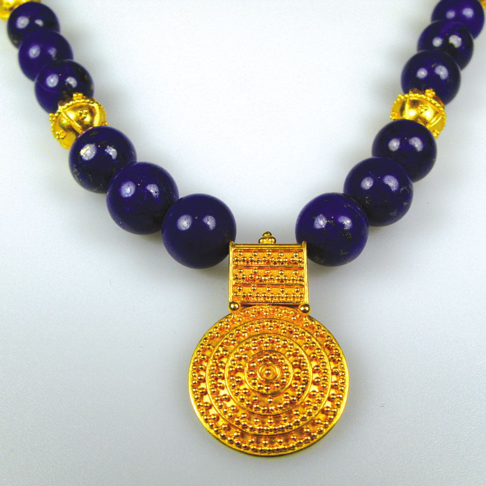 Appraisal: k yellow gold and lapis bead necklace length in cm