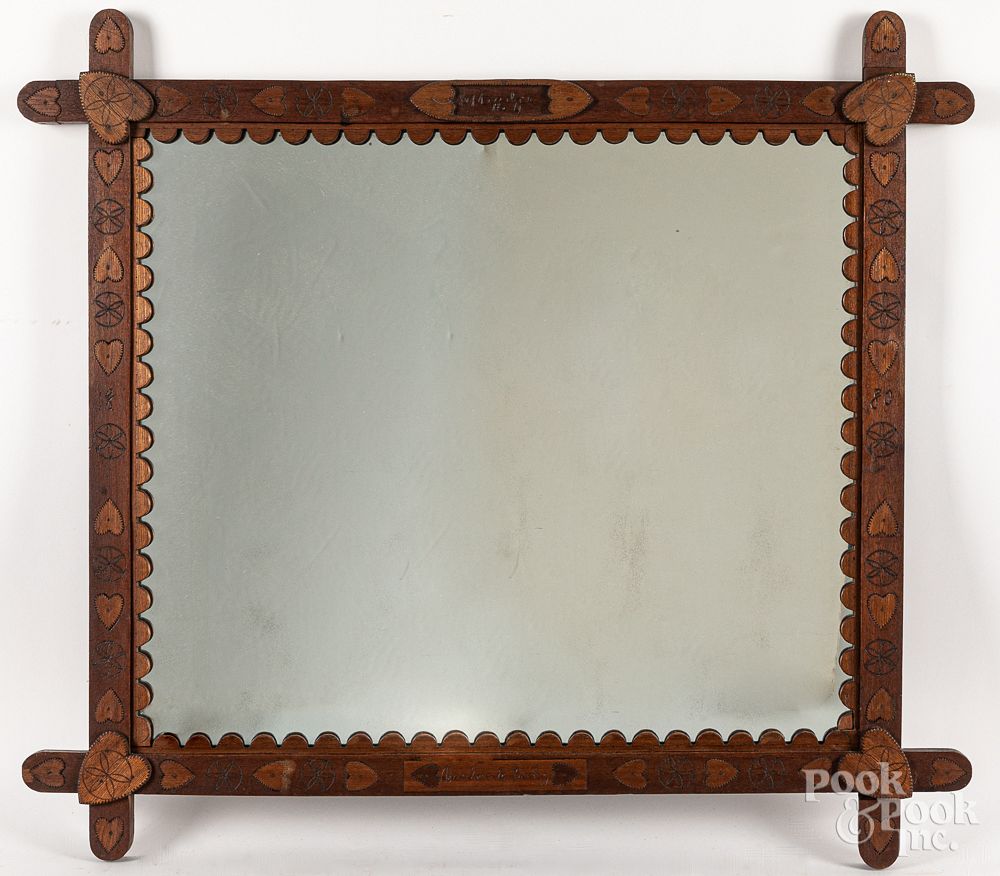 Appraisal: Tramp art frame with mirror dated Tramp art frame with