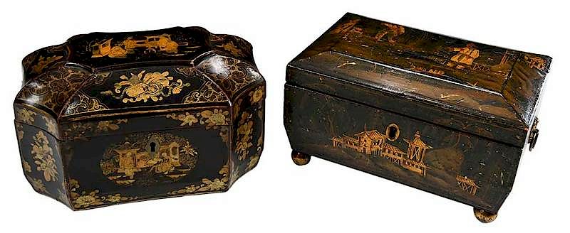 Appraisal: Two Chinese Gilt Decorated Lacquer Boxes th century cartouche shaped