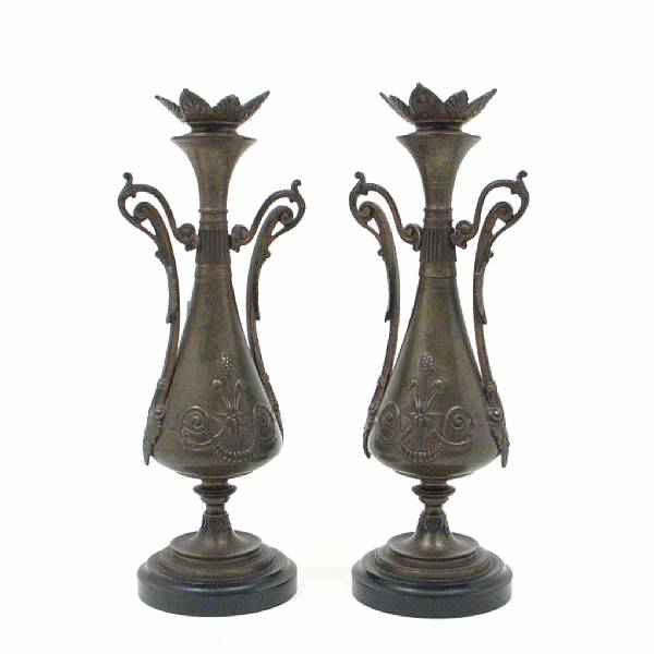 Appraisal: A pair of French patinated bronze vases height in