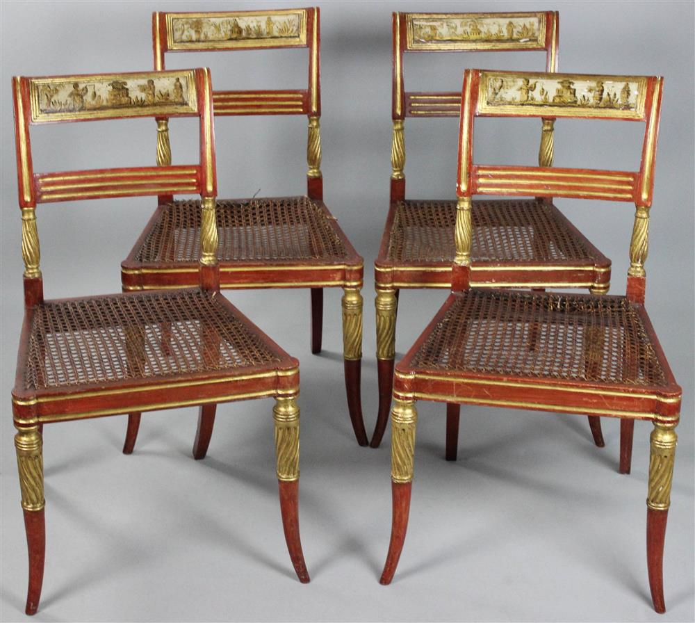 Appraisal: SET OF FOUR ENGLISH REGENCY SCARLET JAPANNED AND PARCEL GILT