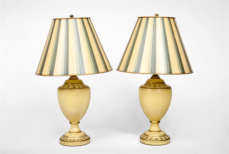 Appraisal: Pair of Neoclassical Style Cream-Painted Urn-Form Table Lamps Together with