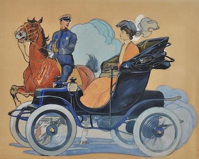 Appraisal: Unknown Artist Illustrator Automobile and horse and rider Gouache and