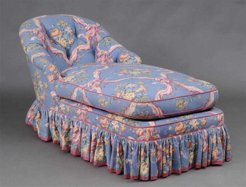 Appraisal: SKY BLUE-GROUND CHINTZ COTTON UPHOLSTERED CHAISE LOUNGE in x ft