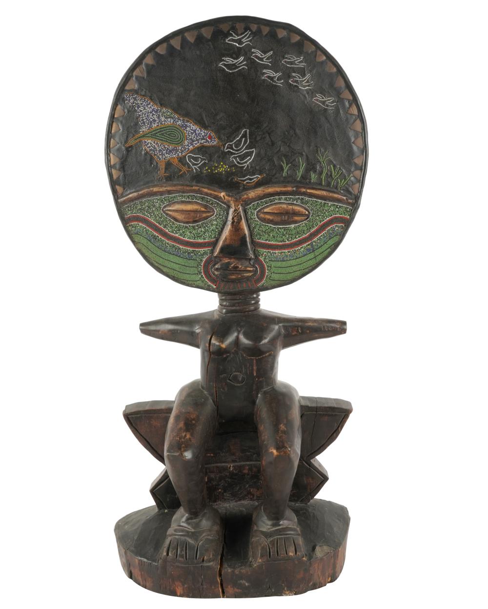 Appraisal: AFRICAN DECORATIVE BEADED WOOD FIGUREProvenance Important Collection Silverlake CA x