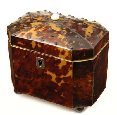 Appraisal: A late Regency tortoiseshell tea caddy of rectangular canted form