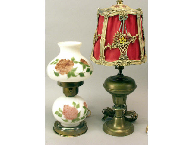 Appraisal: Collection of two electric lamps includes hand painted milk glass