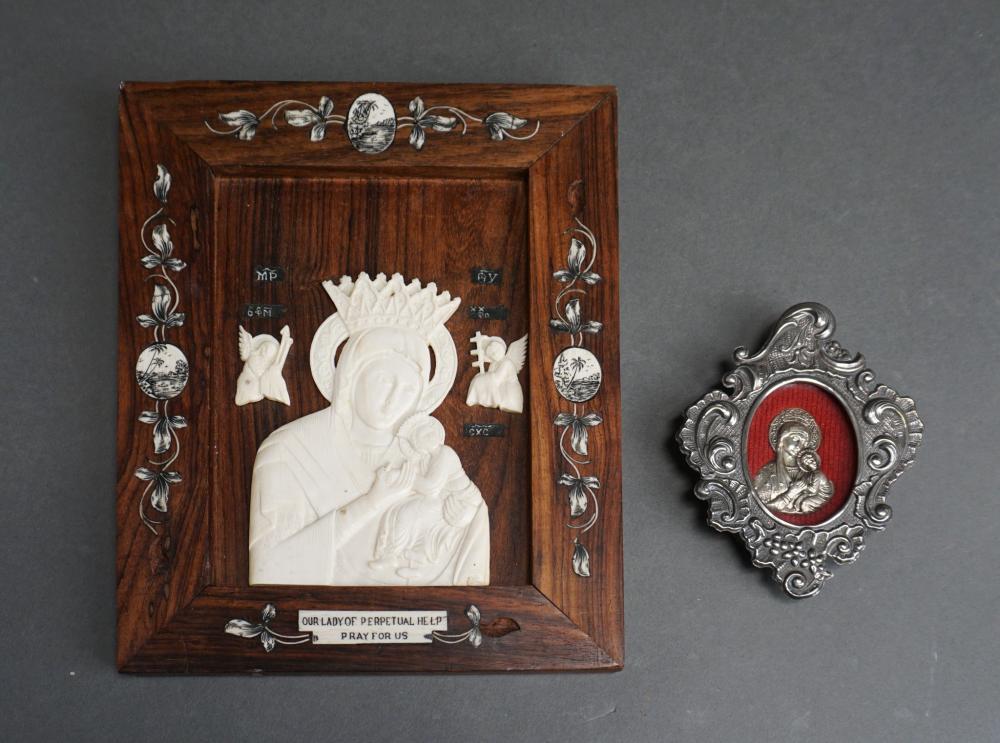 Appraisal: Continental Silver and Carved Bone on Wood Icons Larger x