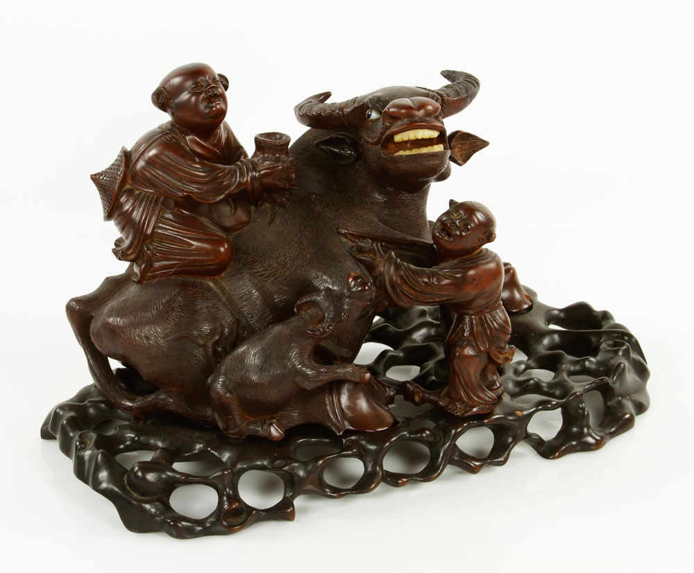 Appraisal: - Chinese Carved Water Buffalo with Boys Figure Carved seated