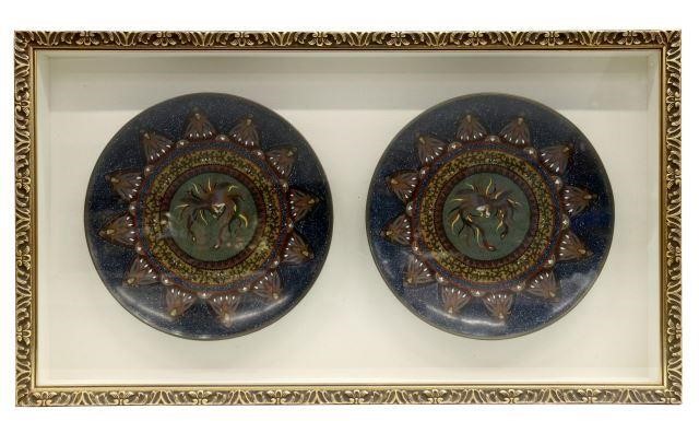 Appraisal: Framed Japanese cloisonne enamel chargers two chargers with mirrored images