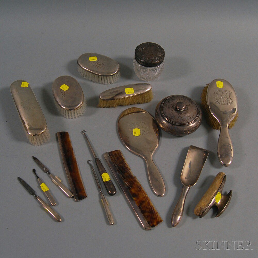 Appraisal: Seventeen-piece Assembled Sterling Silver-mounted Dresser Set comprised of Gorham hairbrush