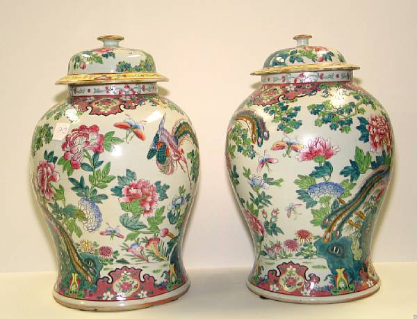 Appraisal: Pair of famille rose enameled porcelain covered jars Each decorated