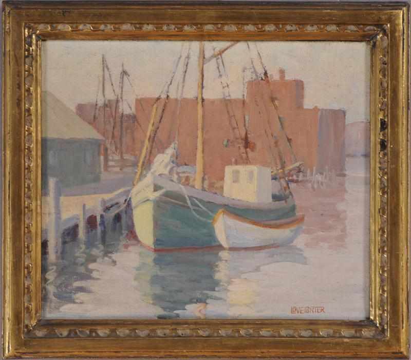 Appraisal: LOVE PORTER - FISHING BOAT IN HARBOR Oil on board