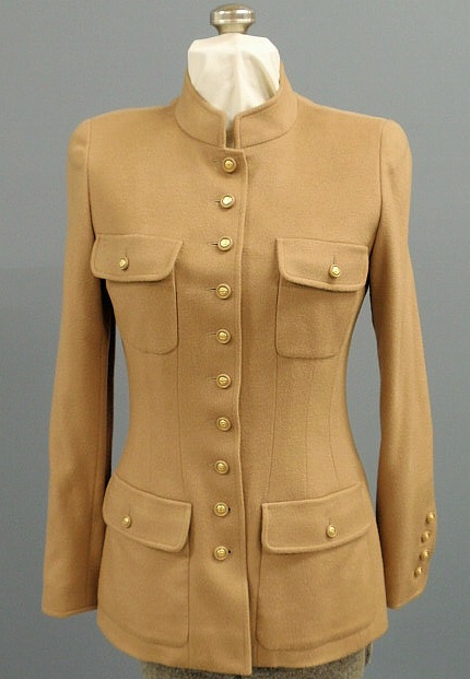 Appraisal: Chanel Boutique camel cashmere long jacket with standup collar and