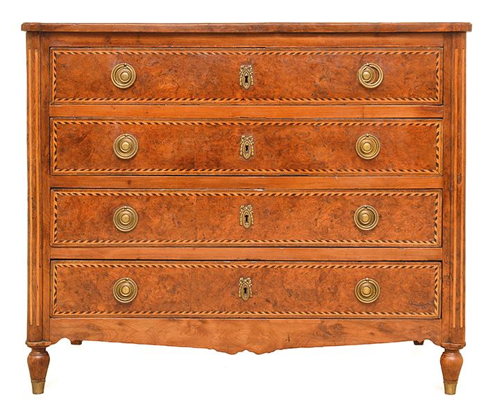 Appraisal: AN ITALIAN BURR WALNUT AND PARQUETRY FOUR DRAWER COMMODE x