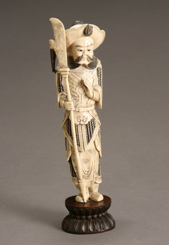 Appraisal: Chinese Partial Blackened Engraved Ivory Figure of a Warrior Mid-