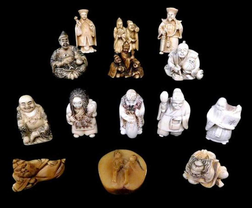 Appraisal: ASIAN Fourteen netsuke Japanese th- th C natural and synthetic