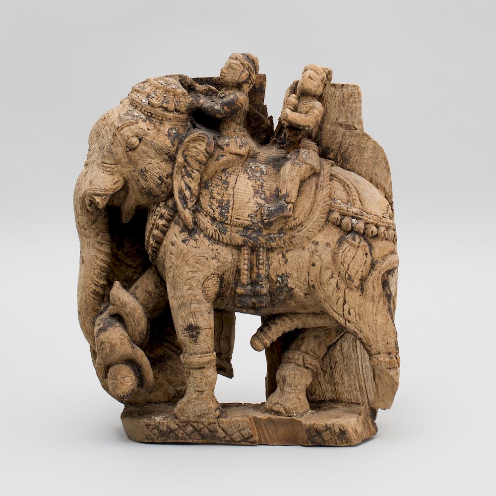 Appraisal: South India Carved Wood Battle Elephant with Two Aiyanar Tamil