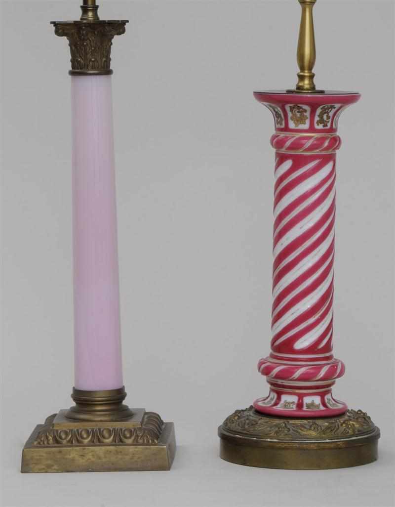 Appraisal: FRENCH ROSE OVERLAY GLASS COLUMNAR LAMP AND A LAVENDER GLASS