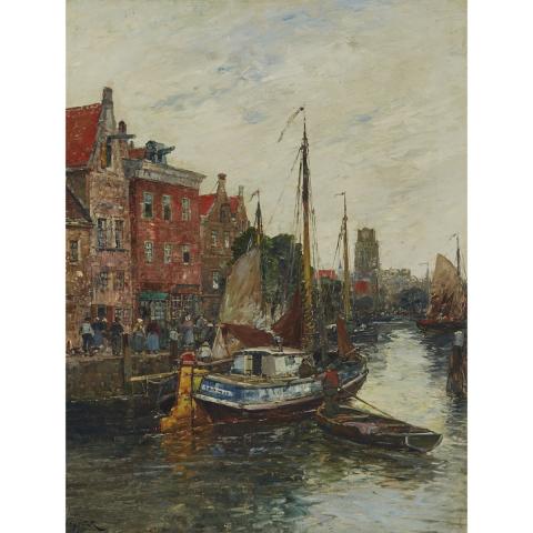 Appraisal: Karl Wagner - DUTCH HARBOUR WITH BOATS AND TOWNSFOLK German