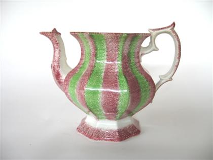 Appraisal: Red and green rainbow Spatterware coffeepot circa Of paneled baluster