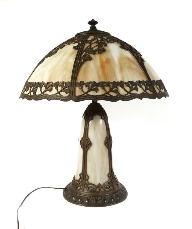 Appraisal: Beautiful antique openwork metal table lamp with off-white and tan