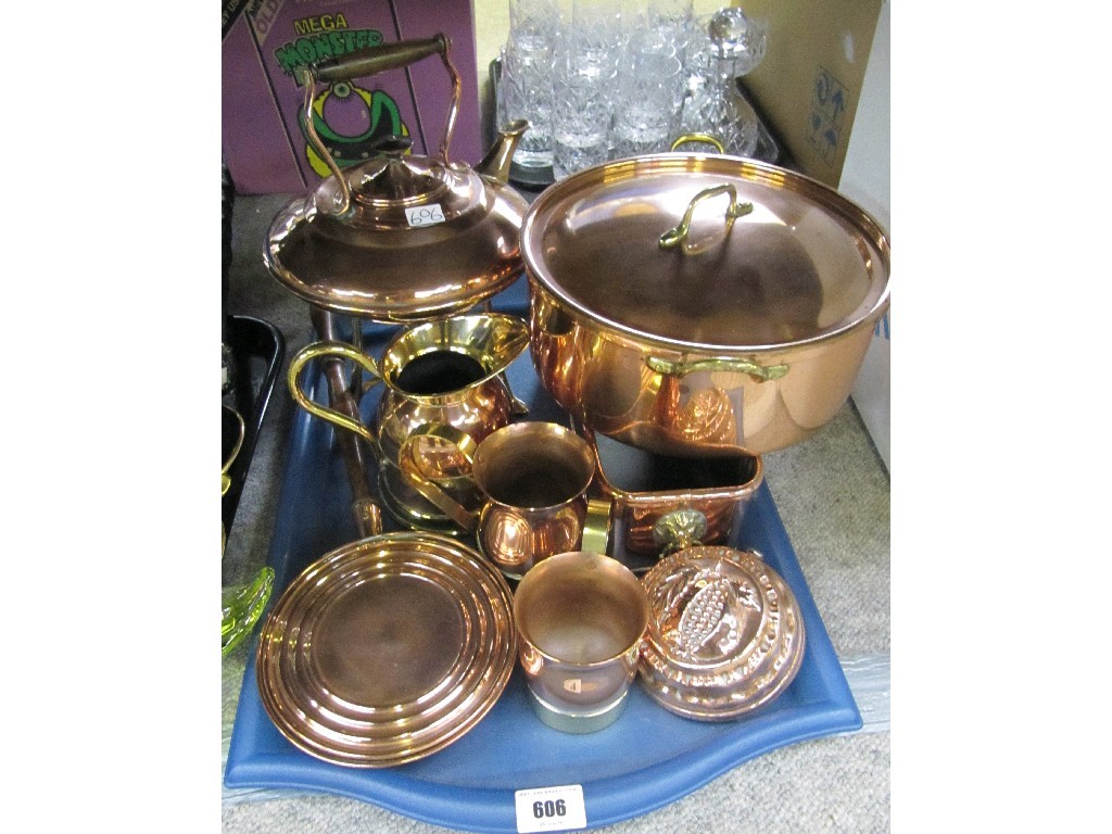 Appraisal: Tray lot of assorted copper items to include a kettle