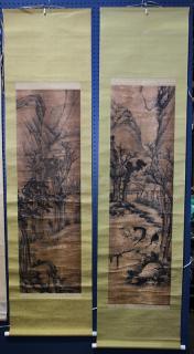 Appraisal: Two Scrolls Figures in Landscape lot of Anonymous ink and