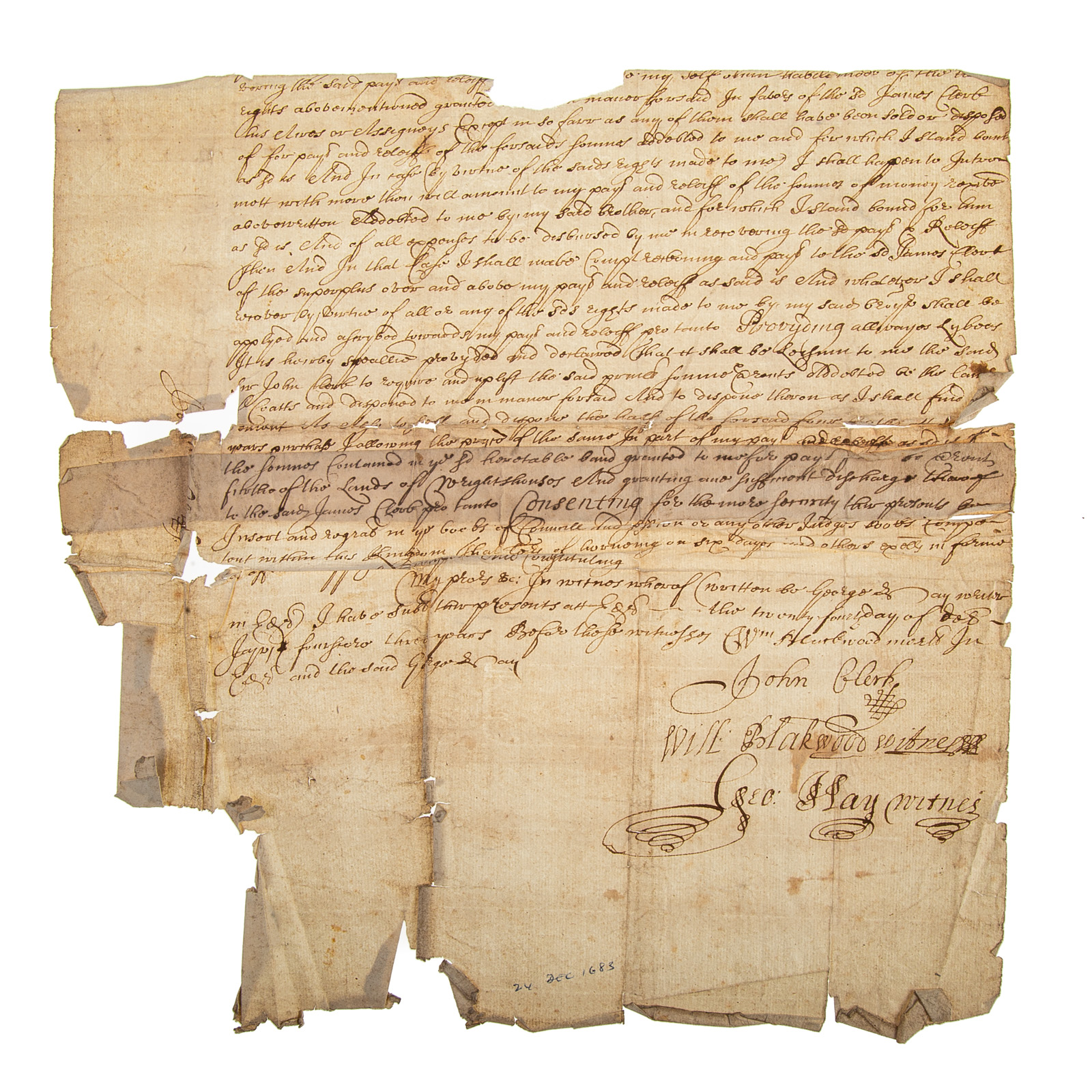 Appraisal: FRAGMENT OF TH CENTURY ENGLISH WILL OR CONTRACT Comprising about