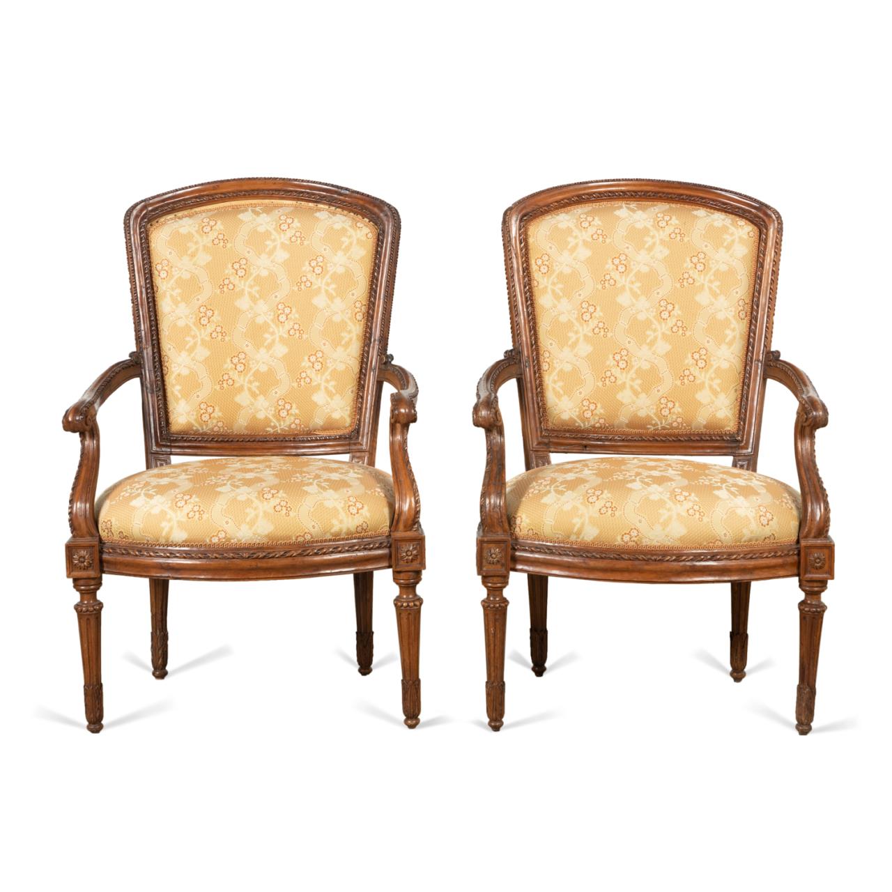 Appraisal: PR LOUIS XVI STYLE WALNUT FAUTEUILS EN CABRIOLET Pair of