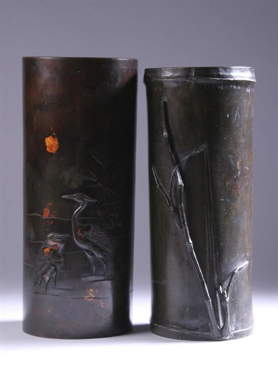 Appraisal: TWO JAPANESE BRONZE VASES Meiji period Each of cylindrical-form with