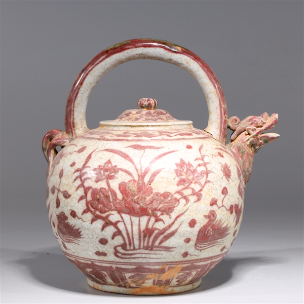 Appraisal: Chinese Ming style red and white porcelain teapot with animal