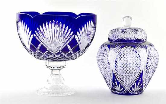 Appraisal: Cobalt cut-to-clear centerbowl and covered jar shaped rim deep bowl