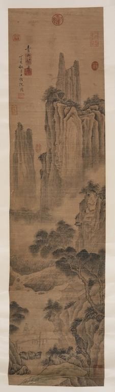 Appraisal: CHINESE SCROLL PEOPLE IN LANDSCAPEChinese scroll people in landscape Signed