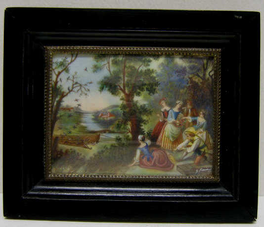 Appraisal: FRENCH MINIATURE PAINTING ON IVORY Rectangular plaque depicting figures in