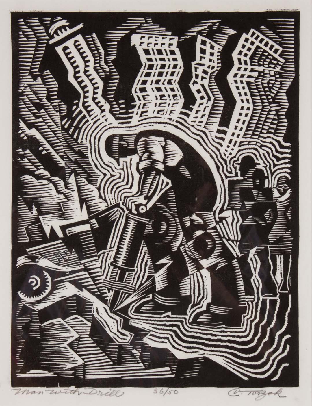 Appraisal: Charles Turzak Man with Drill woodcut American - Ed signed