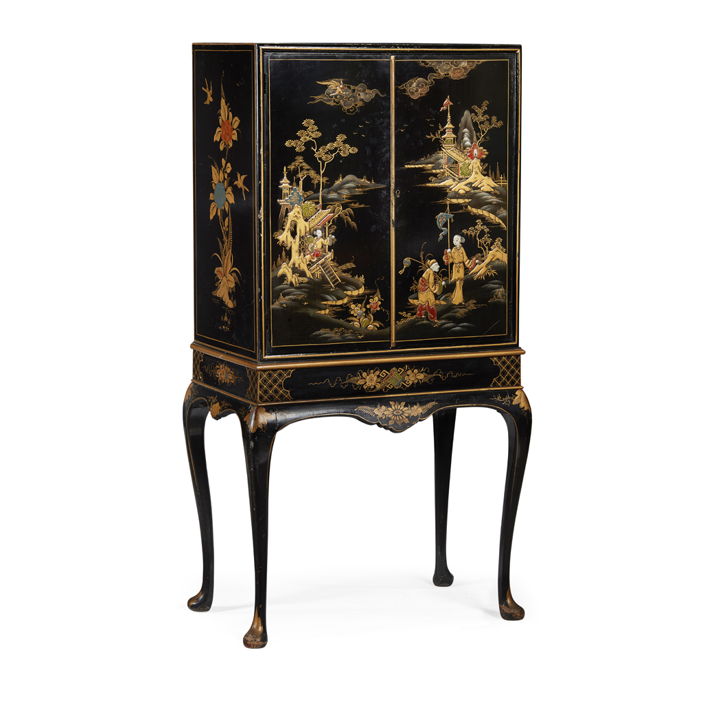 Appraisal: BLACK LACQUER CABINET ON STAND TH CENTURY of cubic form