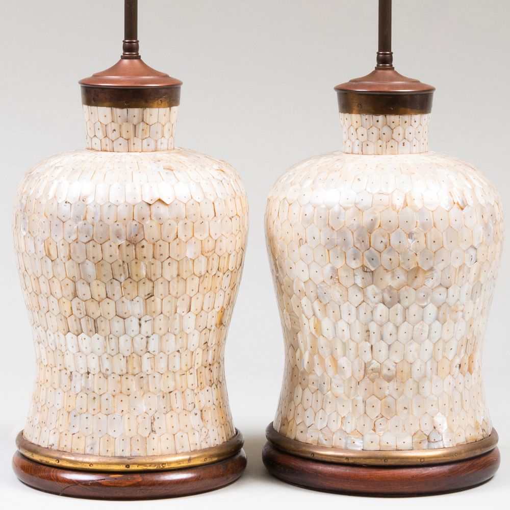 Appraisal: Pair of Mother-of-Pearl Mounted Table Lamps x in diam to