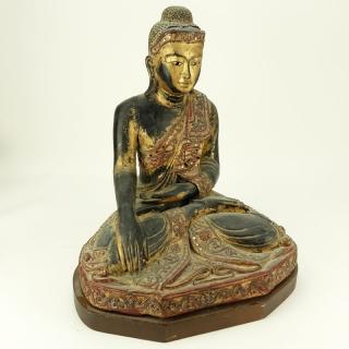 Appraisal: Vintage Gilt Indo-Chinese Carved Jeweled Polychrome Seated Buddha Shakyamuni style