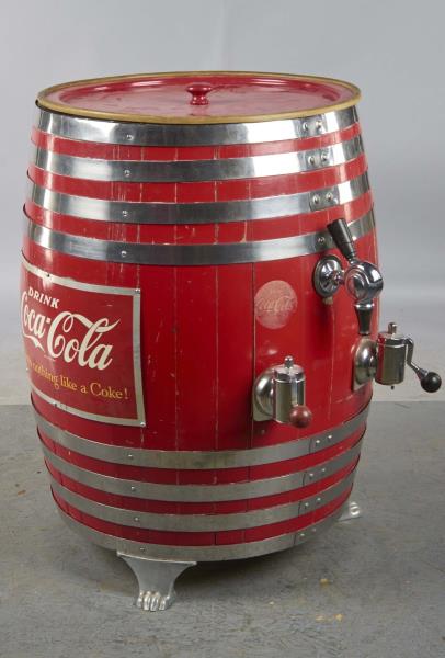 Appraisal: Barrel Coca-Cola Soda Dispenser Dispenser has three spigots featuring Coca-Cola