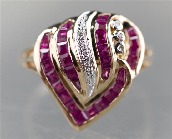 Appraisal: KT yellow gold ruby and diamond ring having a pearl