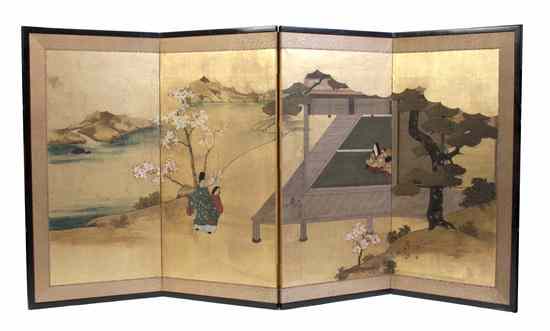 Appraisal: A Japanese Four-Panel Folding Screen depicting a noble woman seated