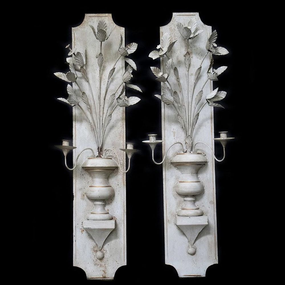 Appraisal: Pair Neoclassical Tole Sconces The gilt banded grey urns issuing