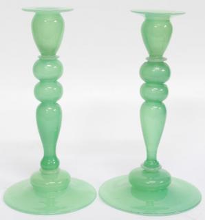 Appraisal: Pair of Green Art Glass Candlesticks Mouth blown unmarked with