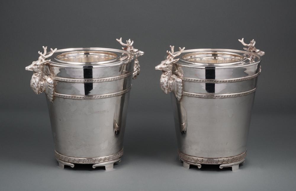 Appraisal: Pair of Silverplate Stag's Head-Mounted Wine Coolers marked ROYAL CASTLE