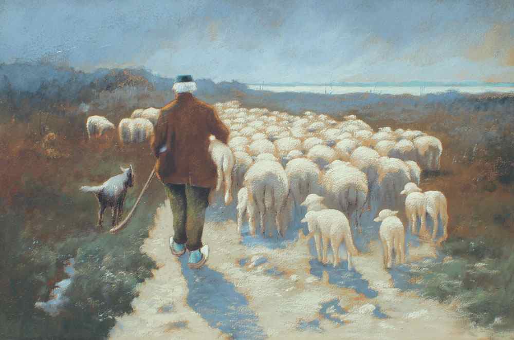 Appraisal: PASTEL AND GOUACHE OF AN ELDERLY SHEPHERD WITH HIS FLOCK